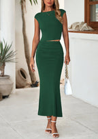PRETTYGARDEN Summer 2 Piece Sets for Women Going Out Casual Cap Sleeve Crop Tops Ruched Maxi Long Skirts Spring Outfits