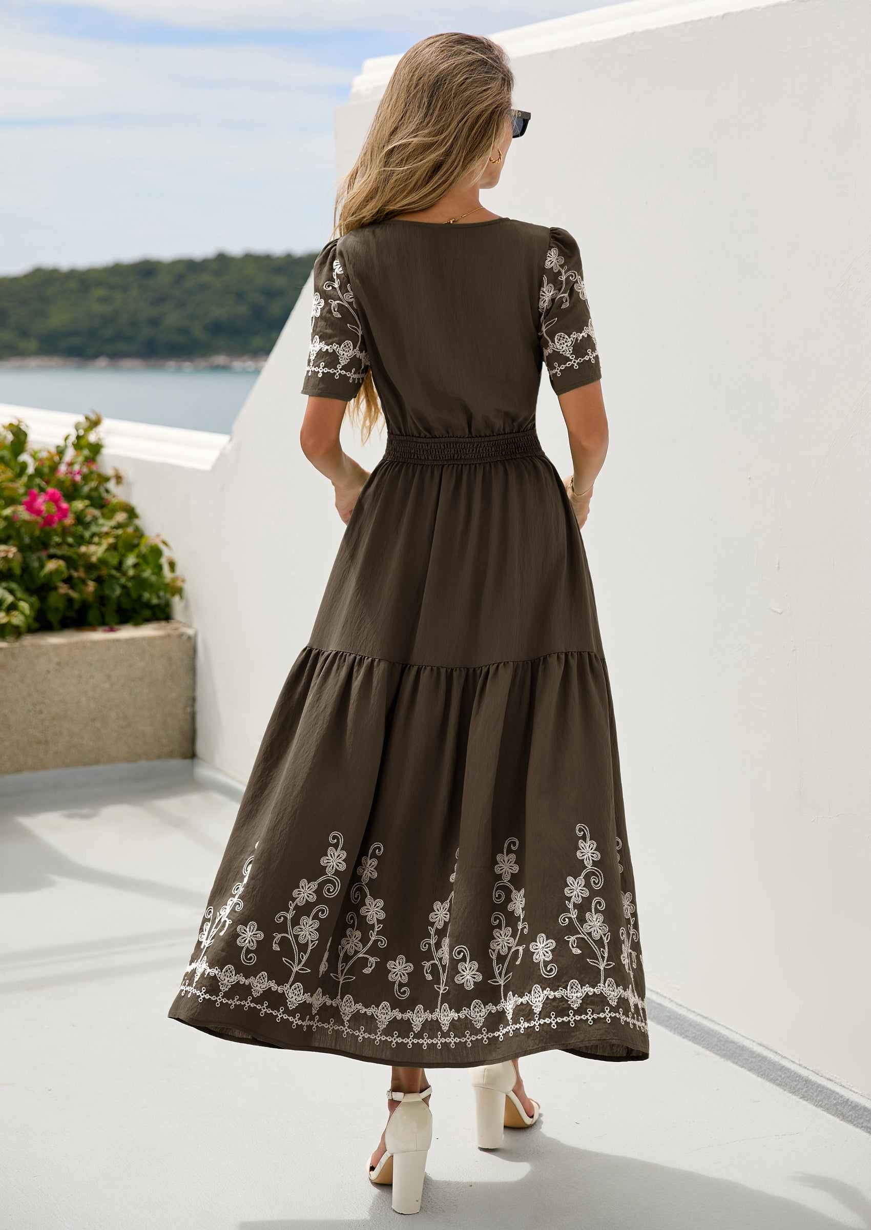 PRETTYGARDEN Women's Summer Boho Maxi Dress Spring Floral Short Sleeve V Neck A Line Flowy Beach Wedding Guest Dresses