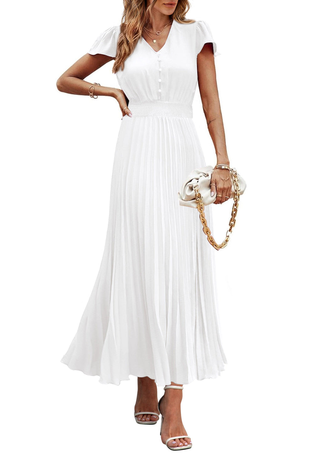 PRETTYGARDEN Women's Maxi Dresses Summer Trendy Cap Short Sleeve Button V Neck Casual Flowy Pleated Long Dress