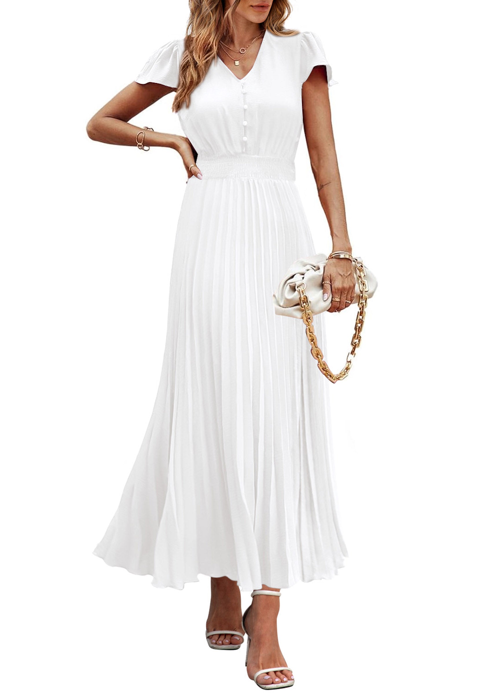PRETTYGARDEN Women's Maxi Dresses Summer Trendy Cap Short Sleeve Button V Neck Casual Flowy Pleated Long Dress