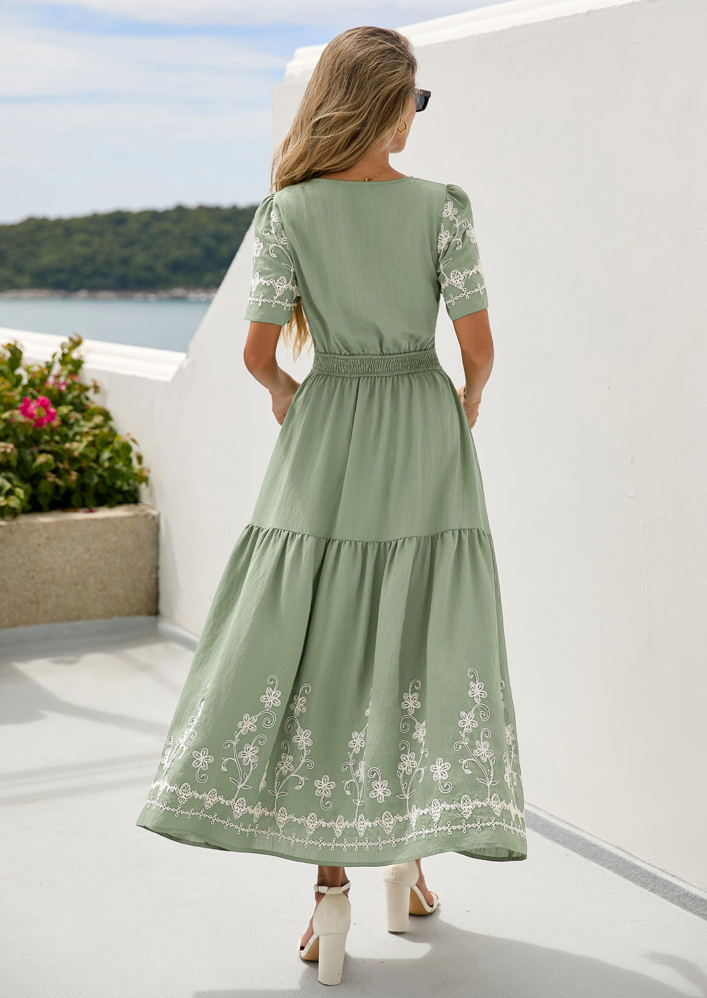 PRETTYGARDEN Women's Summer Boho Maxi Dress Spring Floral Short Sleeve V Neck A Line Flowy Beach Wedding Guest Dresses