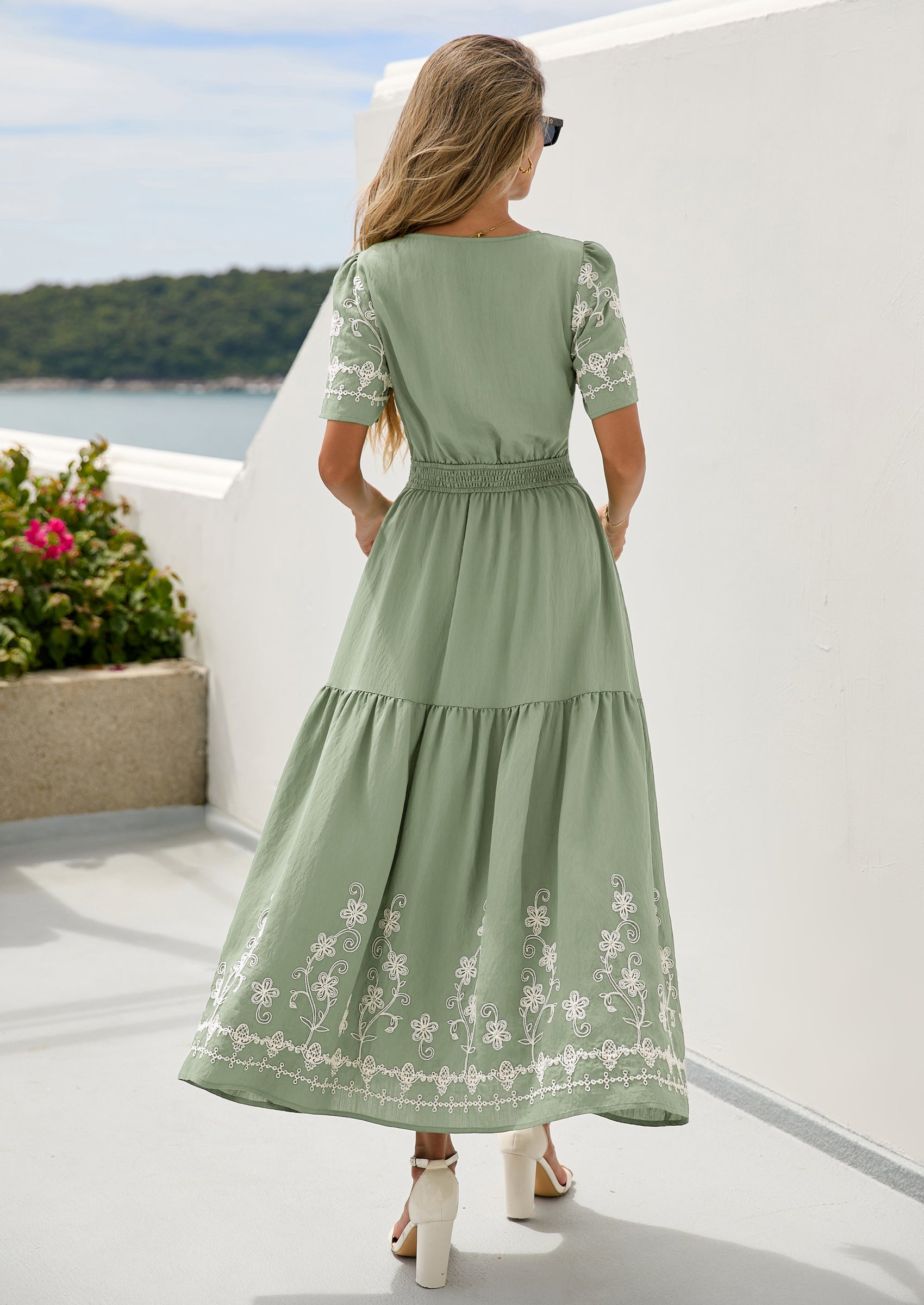 PRETTYGARDEN Women's Summer Boho Maxi Dress Spring Floral Short Sleeve V Neck A Line Flowy Beach Wedding Guest Dresses
