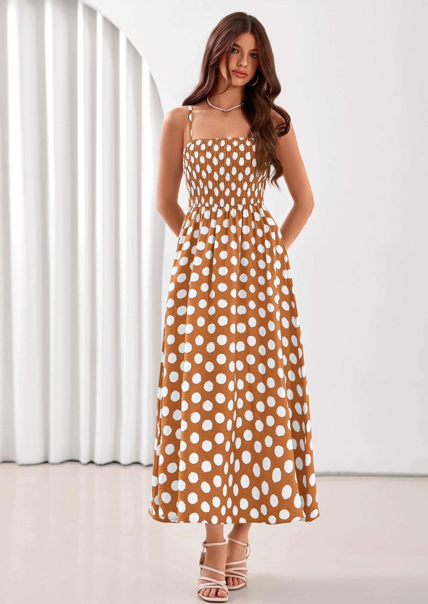 PRETTYGARDEN Womens Summer Dresses Spring Sleeveless Spaghetti Straps Casual Midi Dress Polka Dot Smocked Beach Sundress