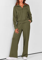 PRETTYGARDEN Women's 2 Piece Outfits Casual Lapel Half Zip Sweatshirts And Wide Leg Pants Tracksuit Sets