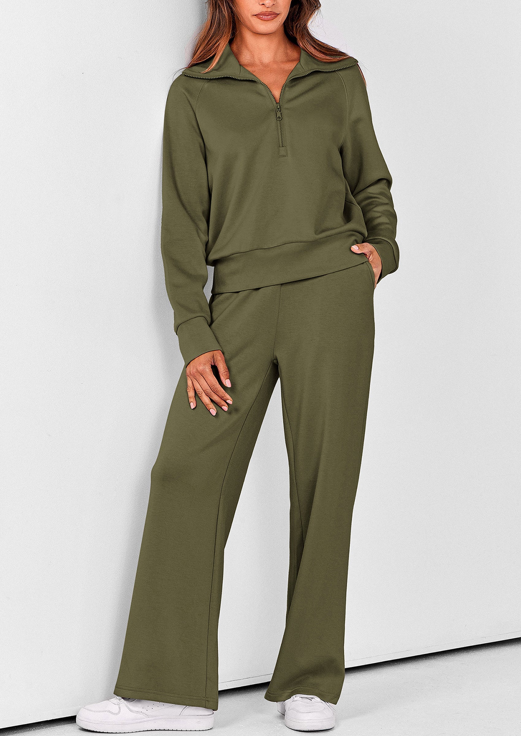 PRETTYGARDEN Women's 2 Piece Outfits Casual Lapel Half Zip Sweatshirts And Wide Leg Pants Tracksuit Sets