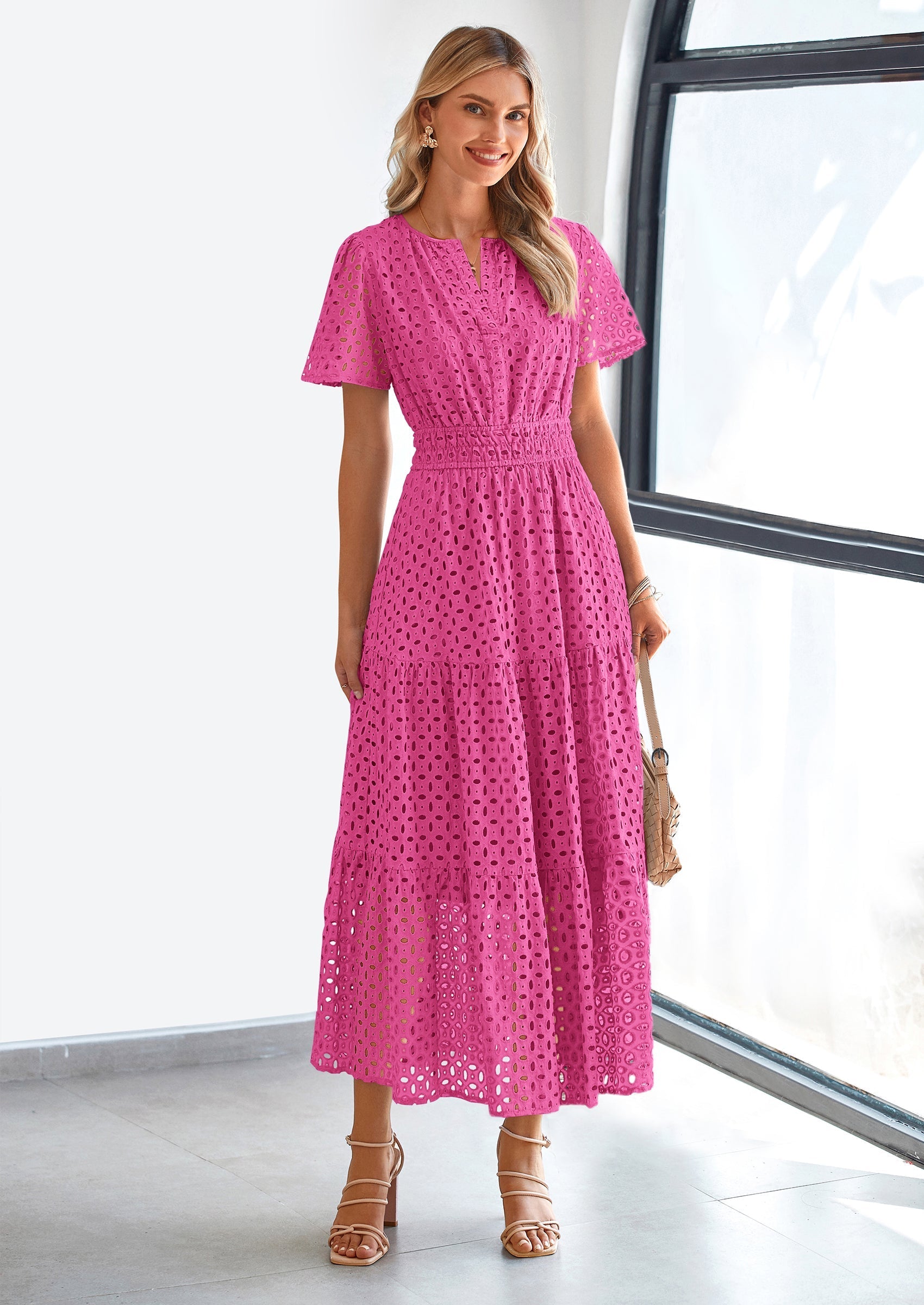 PRETTYGARDEN Womens Maxi Dress Short Sleeve V Neck Hollow Out Eyelet A Line Long Flowy Beach Vacation Dresses