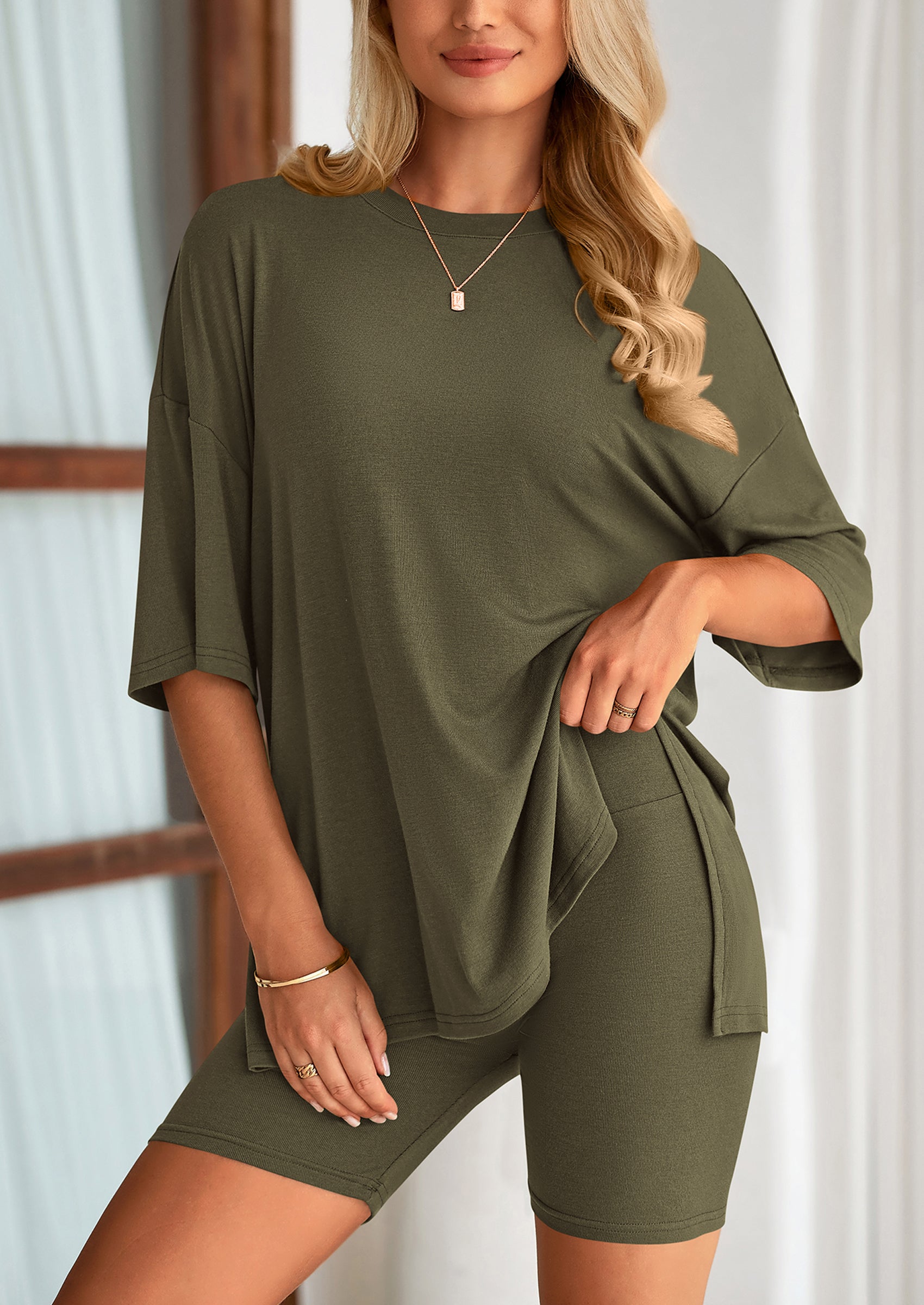 PRETTYGARDEN Women's Two Piece Lounge Set Summer Casual Oversized Shirts Biker Shorts Matching Airport Travel Outfit