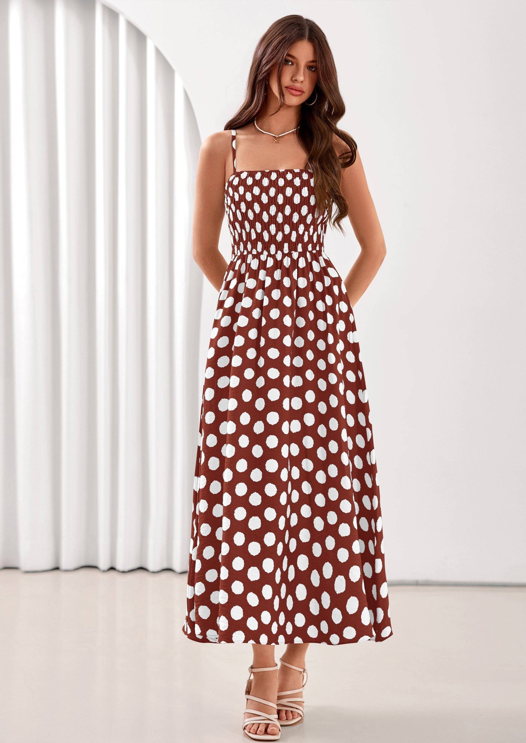 PRETTYGARDEN Womens Summer Dresses Spring Sleeveless Spaghetti Straps Casual Midi Dress Polka Dot Smocked Beach Sundress
