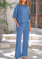 PRETTYGARDEN Women's 2 Piece Outfits Casual Short Sleeve Pullover Tops and Wide Leg Pants Lounge Sets Tracksuits