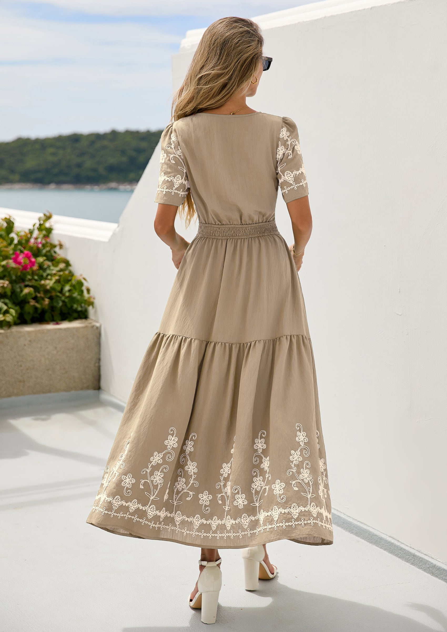 PRETTYGARDEN Women's Summer Boho Maxi Dress Spring Floral Short Sleeve V Neck A Line Flowy Beach Wedding Guest Dresses