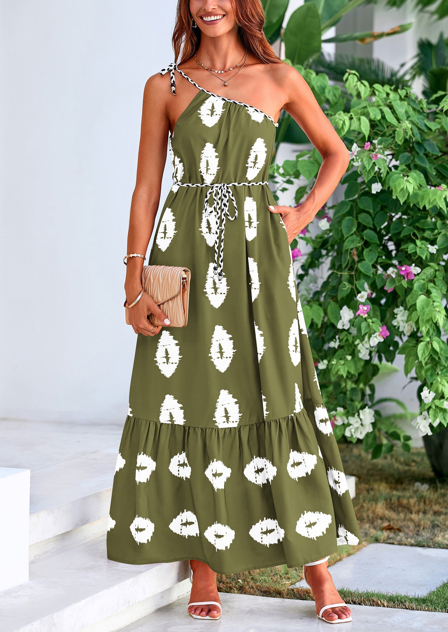 PRETTYGARDEN Women's Summer Maxi Dresses One Shoulder Printed Flowy Boho Beach Vacation Long Sundress