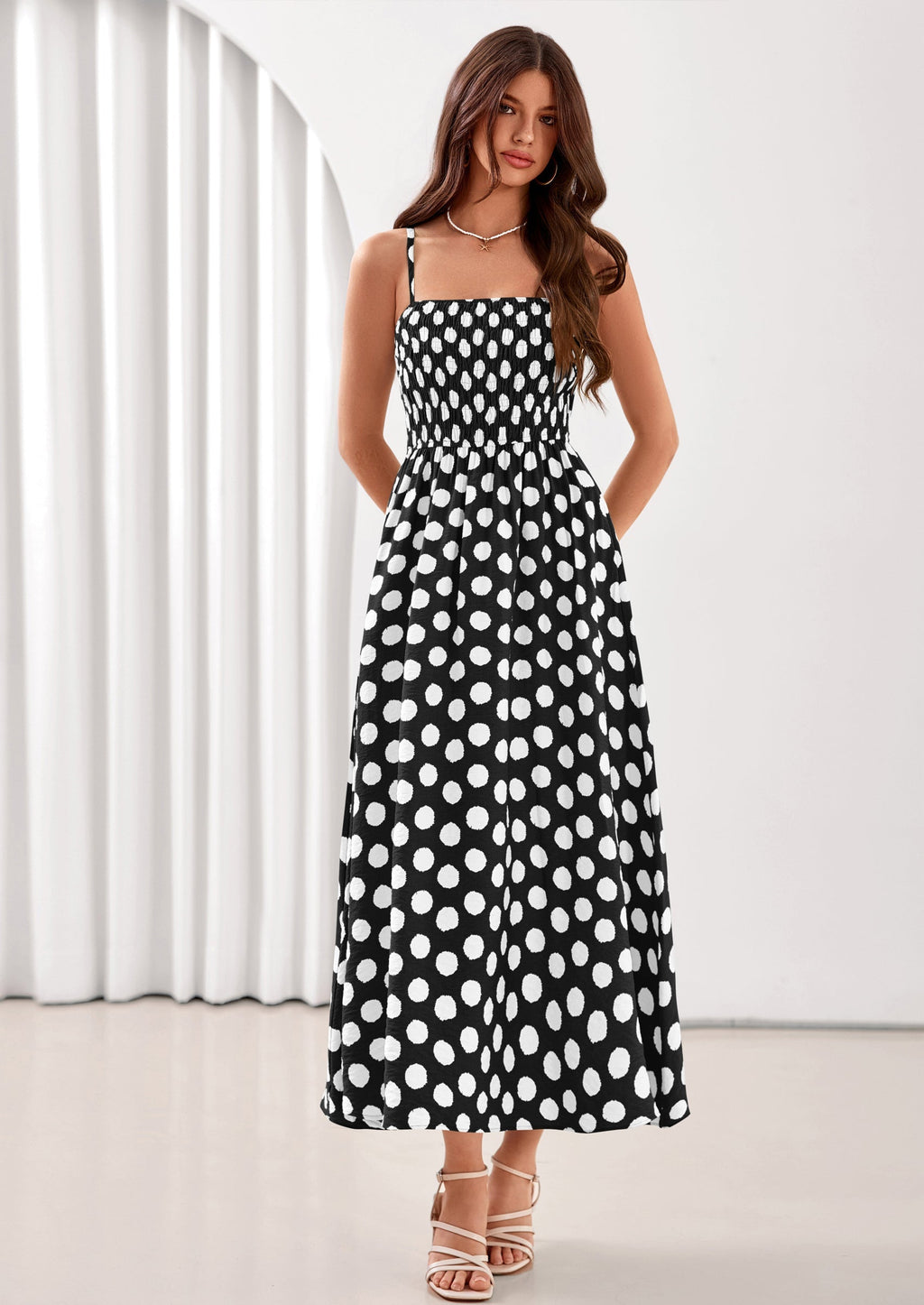 PRETTYGARDEN Womens Summer Dresses Spring Sleeveless Spaghetti Straps Casual Midi Dress Polka Dot Smocked Beach Sundress