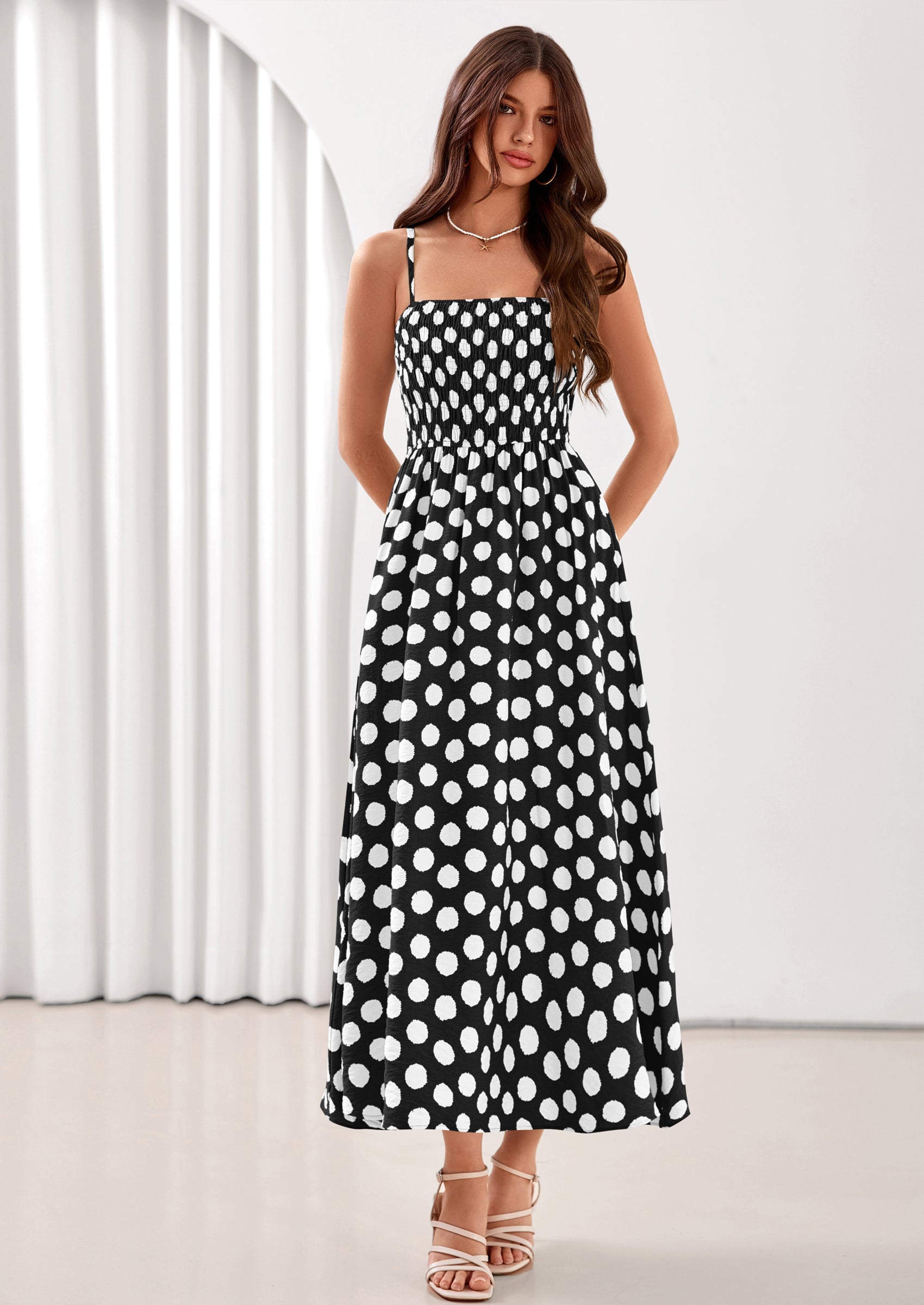 PRETTYGARDEN Womens Summer Dresses Spring Sleeveless Spaghetti Straps Casual Midi Dress Polka Dot Smocked Beach Sundress