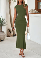PRETTYGARDEN Summer 2 Piece Sets for Women Going Out Casual Cap Sleeve Crop Tops Ruched Maxi Long Skirts Spring Outfits
