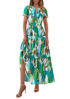 PRETTYGARDEN Women's Boho Maxi Dresses Floral Short Sleeve V Neck A Line Tiered Flowy Long Beach Vacation Dress