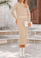 PRETTYGARDEN 2 Piece Skirts Sets For Women Fall Fashion Striped Sweater Dress Knit Lounge Travel Outfits Winter Clothing
