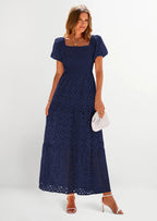 PRETTYGARDEN Dresses for Women Eyelet Square Neck Puff Sleeve Smocked Wedding Guest Maxi Dress with Pockets