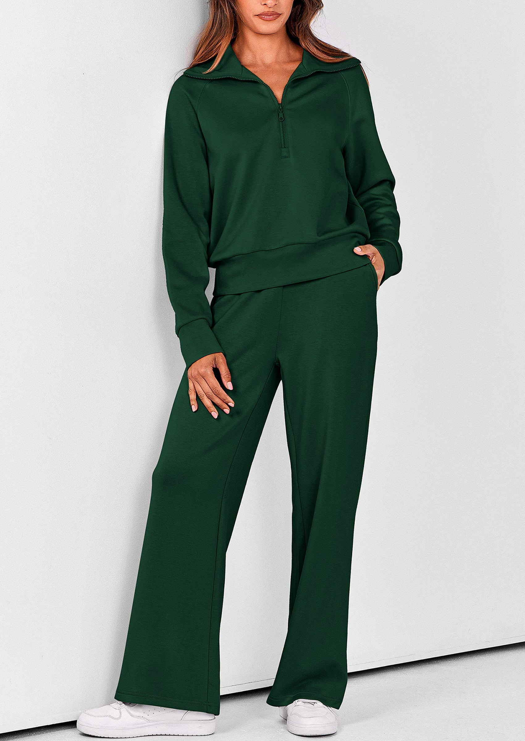 PRETTYGARDEN Women's 2 Piece Outfits Casual Lapel Half Zip Sweatshirts And Wide Leg Pants Tracksuit Sets