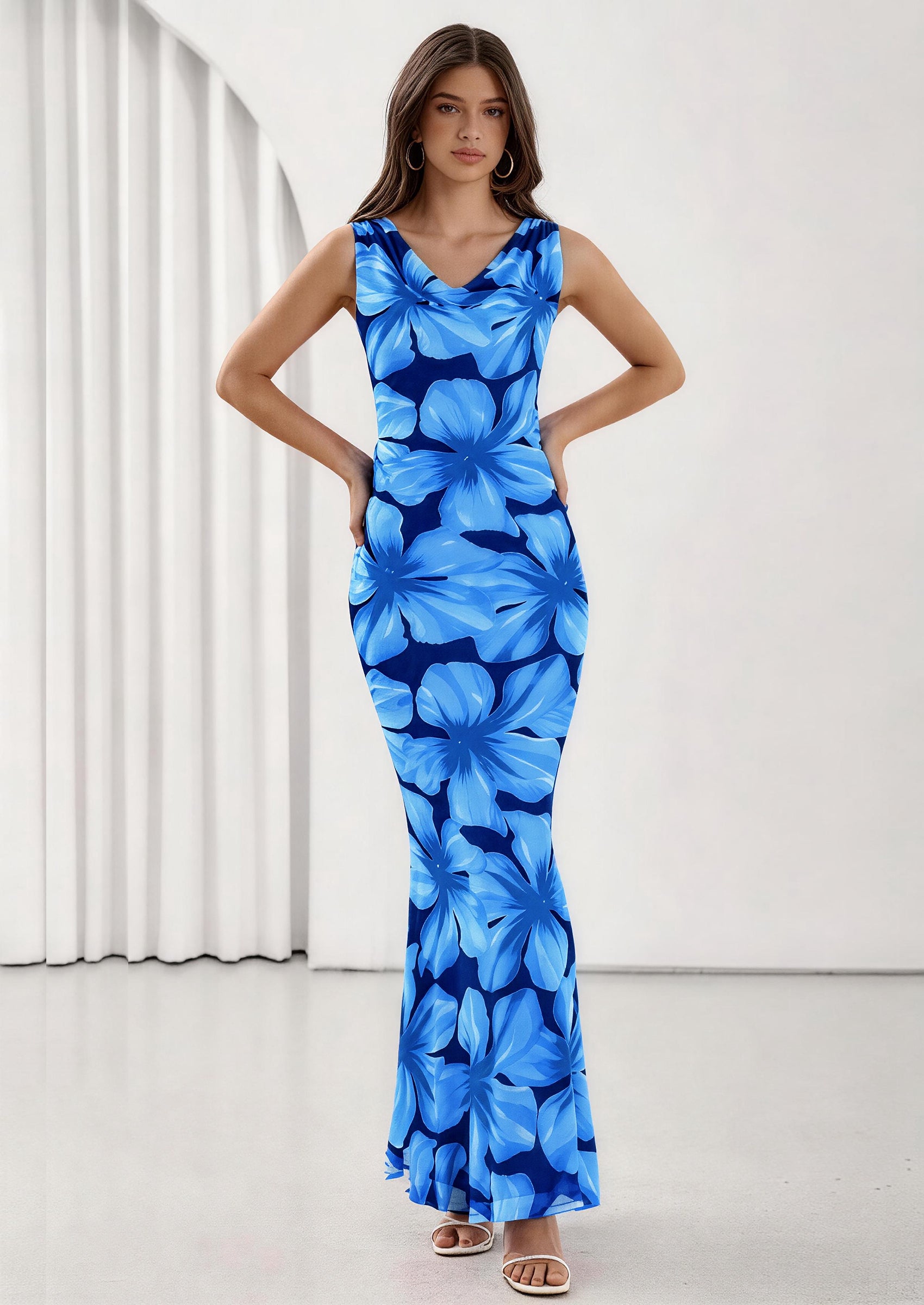PRETTYGARDEN Women's Summer Cowl Neck Floral Maxi Dress Sleeveless Bodycon Beach Vacation Long Party Wedding Guest Dresses