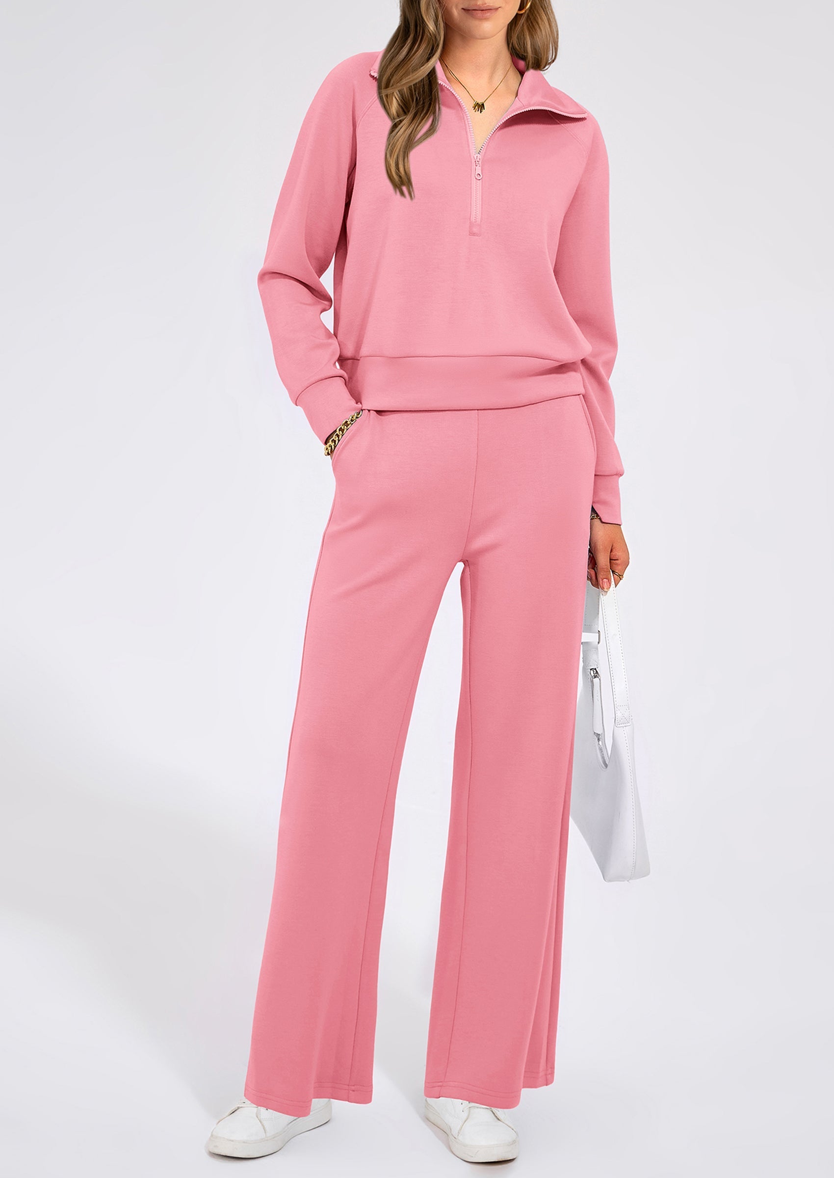 PRETTYGARDEN Women's 2 Piece Outfits Casual Lapel Half Zip Sweatshirts And Wide Leg Pants Tracksuit Sets