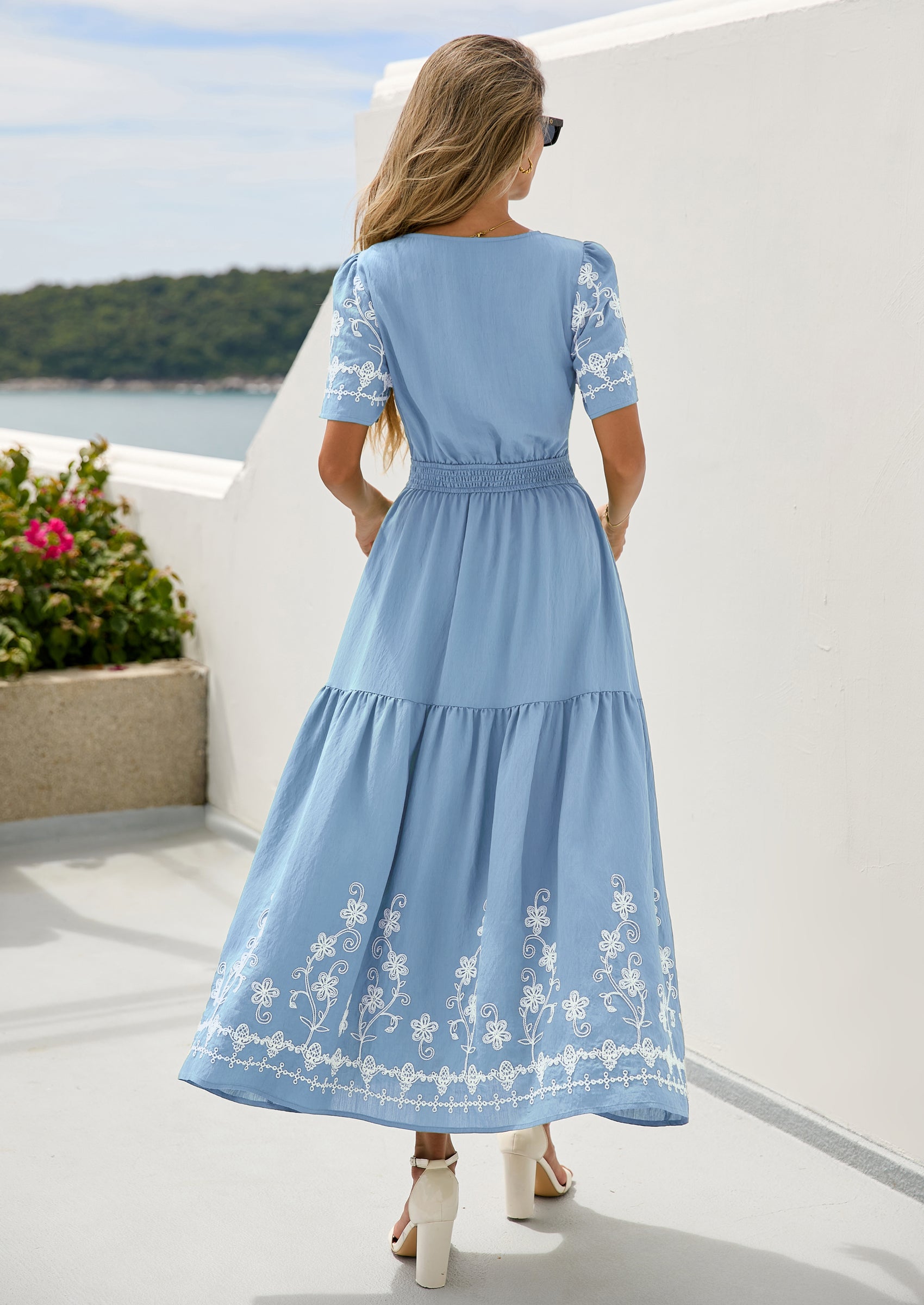 PRETTYGARDEN Women's Summer Boho Maxi Dress Spring Floral Short Sleeve V Neck A Line Flowy Beach Wedding Guest Dresses
