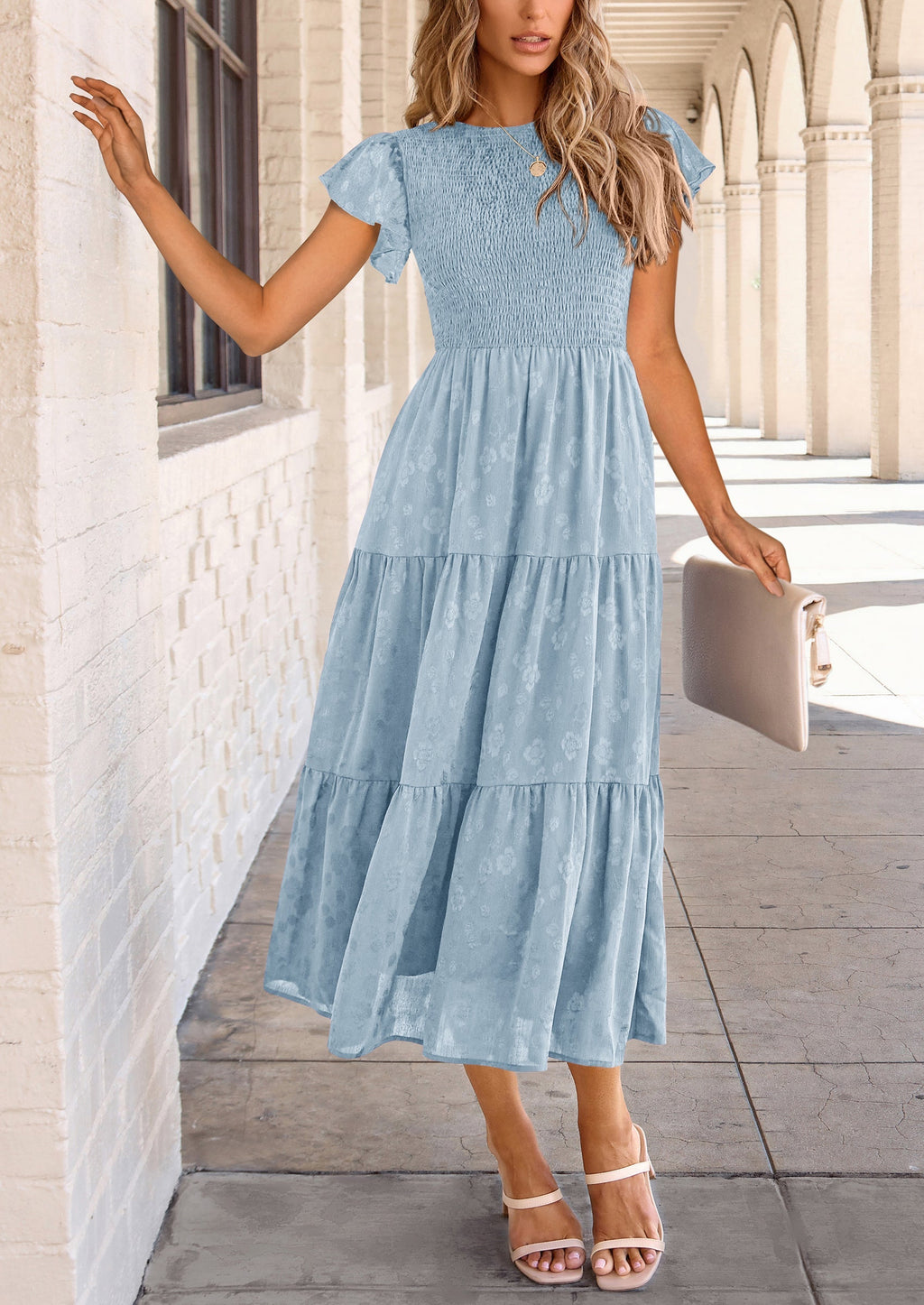 PRETTYGARDEN Midi Dress for Women Summer Floral Cap Sleeve Smocked Ruffle A Line Long Flowy Wedding Guest Dresses