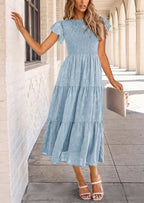 PRETTYGARDEN Midi Dress for Women Summer Floral Cap Sleeve Smocked Ruffle A Line Long Flowy Wedding Guest Dresses