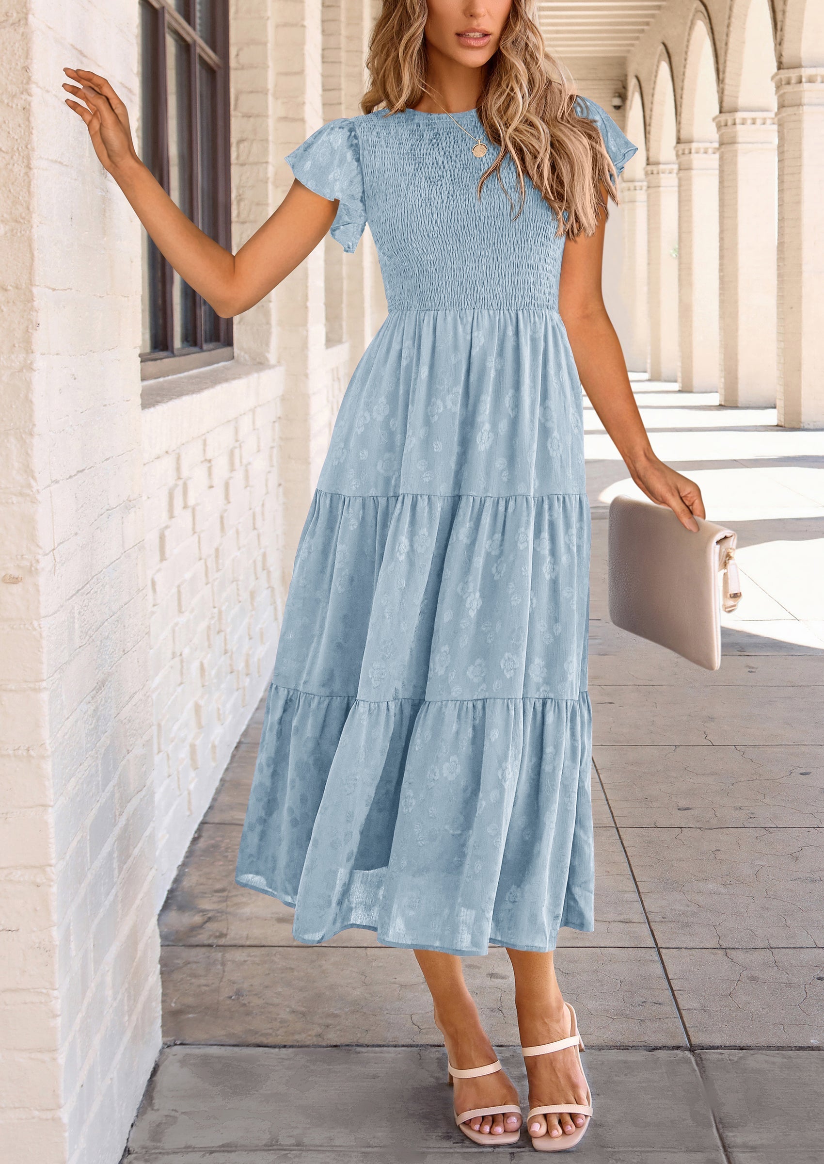 PRETTYGARDEN Midi Dress for Women Summer Floral Cap Sleeve Smocked Ruffle A Line Long Flowy Wedding Guest Dresses