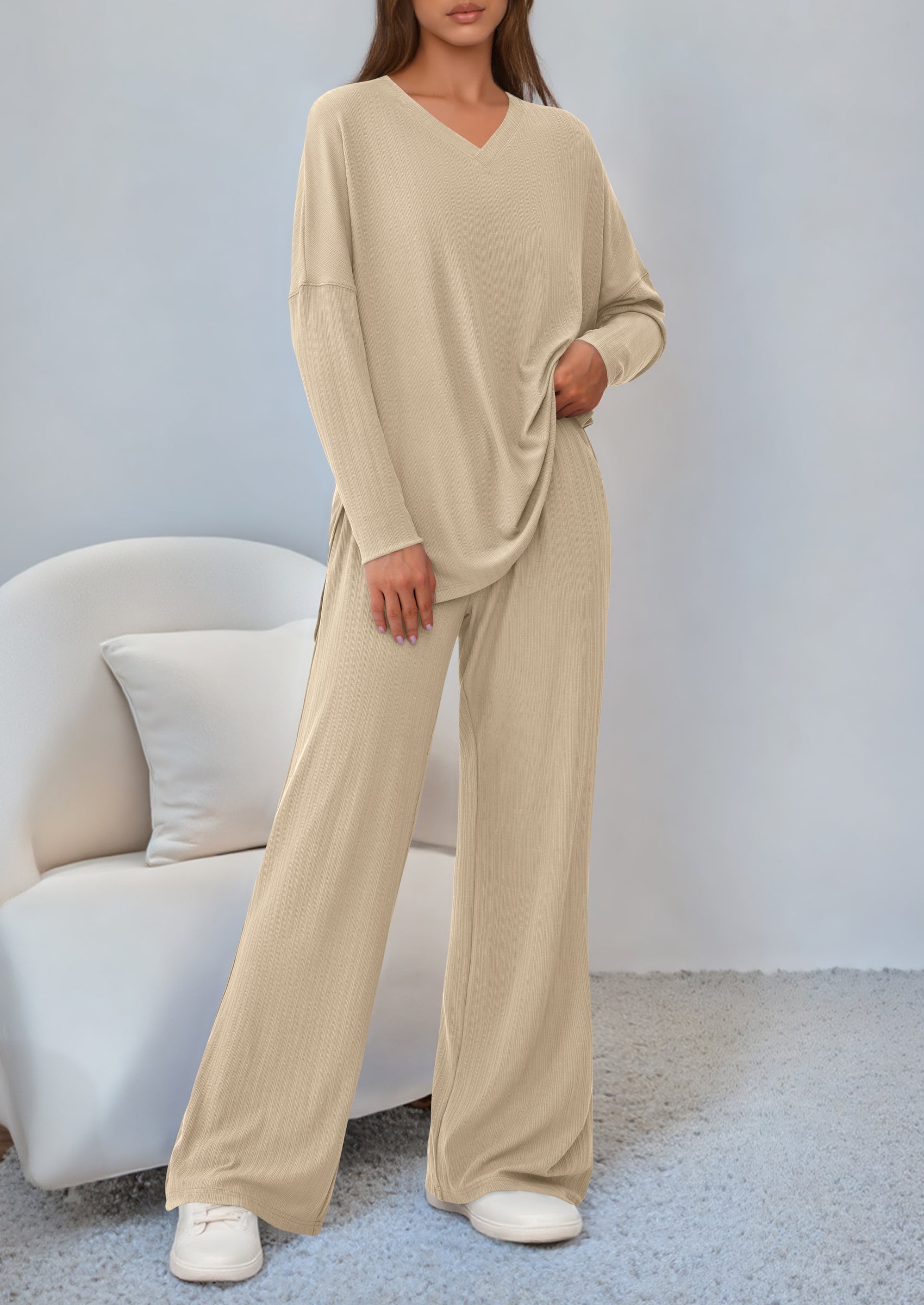 PRETTYGARDEN 2 Piece Lounge Sets for Women Fall Outfits Casual Loose Long Sleeve Tops Wide Leg Pants Matching Pajama Set