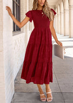 PRETTYGARDEN Midi Dress for Women Summer Floral Cap Sleeve Smocked Ruffle A Line Long Flowy Wedding Guest Dresses