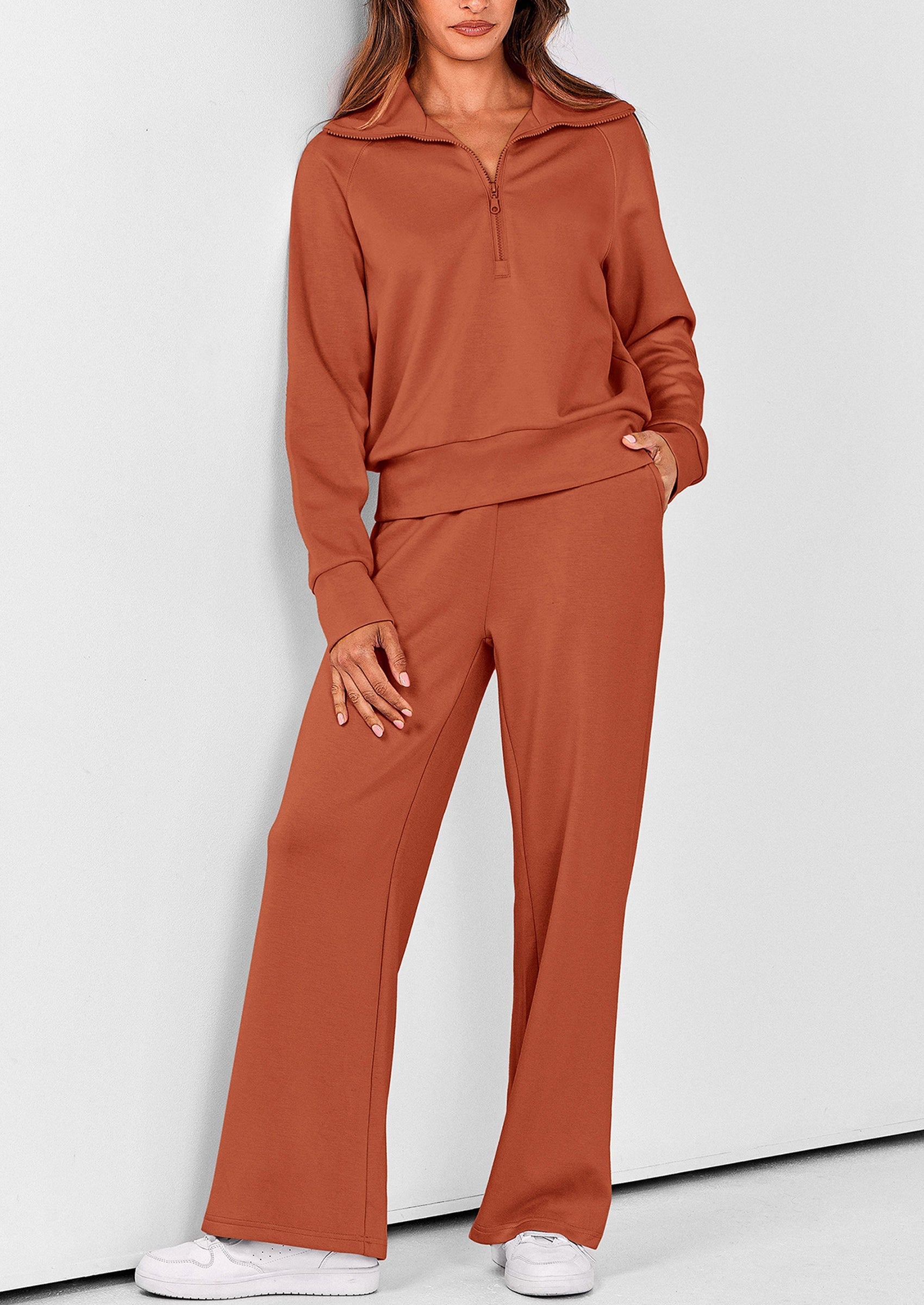PRETTYGARDEN Women's 2 Piece Outfits Casual Lapel Half Zip Sweatshirts And Wide Leg Pants Tracksuit Sets