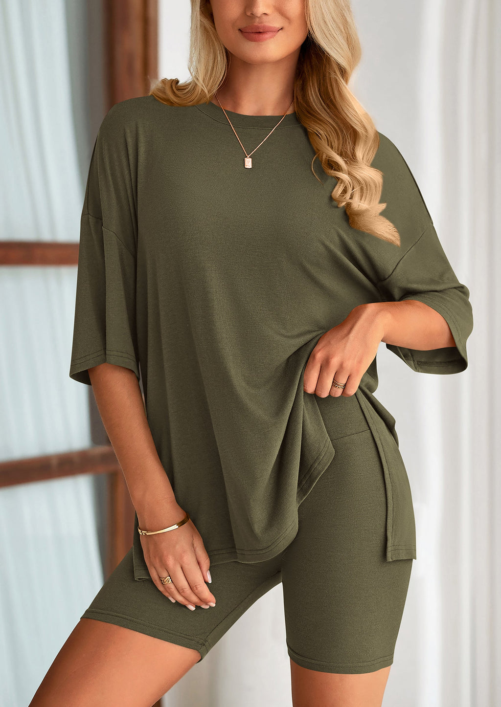 PRETTYGARDEN Women's Two Piece Lounge Set Summer Casual Oversized Shirts Biker Shorts Matching Airport Travel Outfit