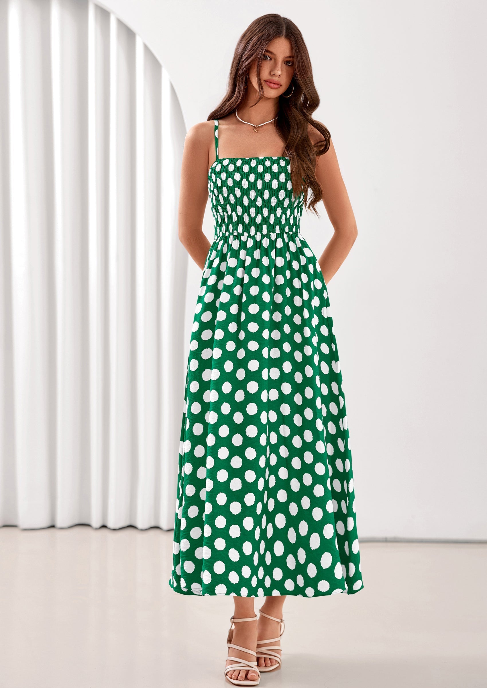 PRETTYGARDEN Womens Summer Dresses Spring Sleeveless Spaghetti Straps Casual Midi Dress Polka Dot Smocked Beach Sundress