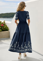 PRETTYGARDEN Women's Summer Boho Maxi Dress Spring Floral Short Sleeve V Neck A Line Flowy Beach Wedding Guest Dresses