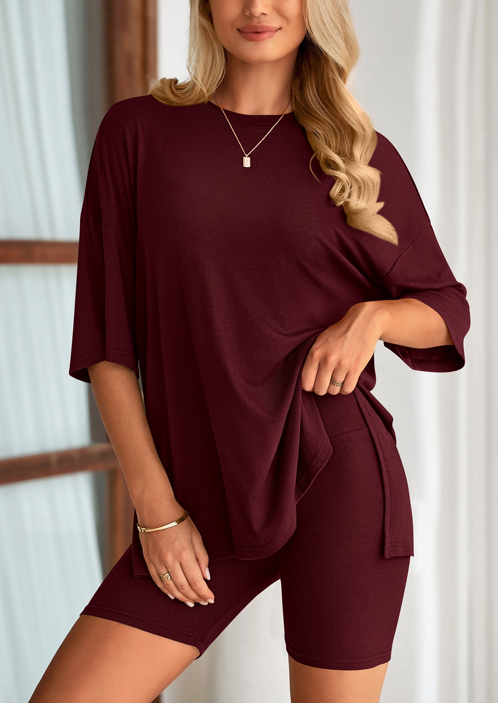 PRETTYGARDEN Women's Two Piece Lounge Set Summer Casual Oversized Shirts Biker Shorts Matching Airport Travel Outfit