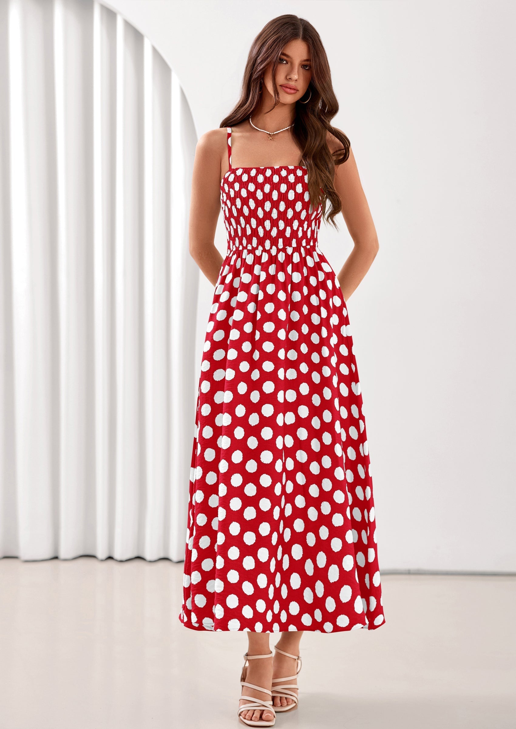 PRETTYGARDEN Womens Summer Dresses Spring Sleeveless Spaghetti Straps Casual Midi Dress Polka Dot Smocked Beach Sundress