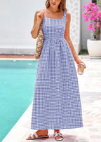 PRETTYGARDEN Women's Summer Spaghetti Strap Maxi Dresses Plaid Square Neck A Line Casual Beach Vacation Long Sundress