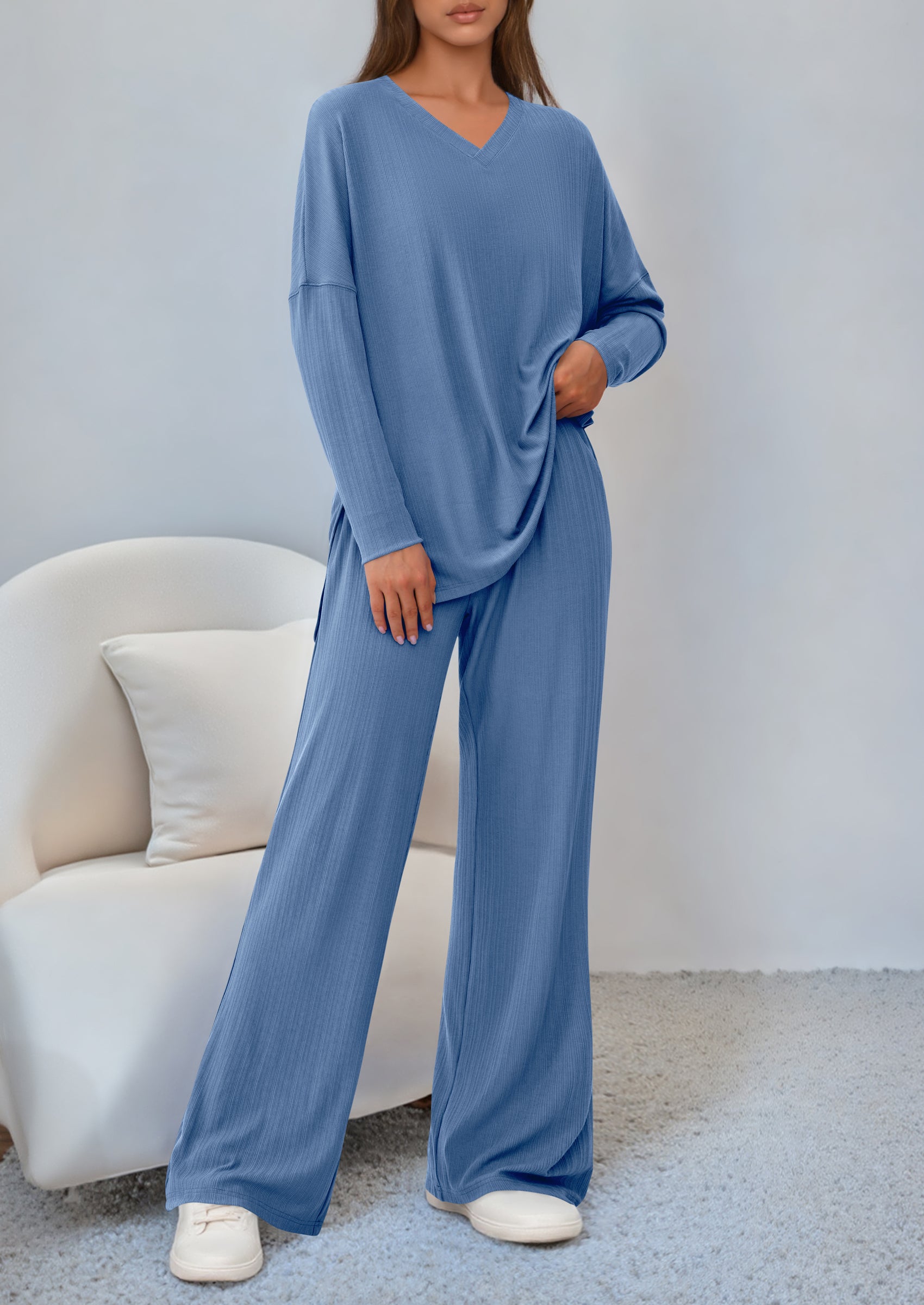 PRETTYGARDEN 2 Piece Lounge Sets for Women Fall Outfits Casual Loose Long Sleeve Tops Wide Leg Pants Matching Pajama Set