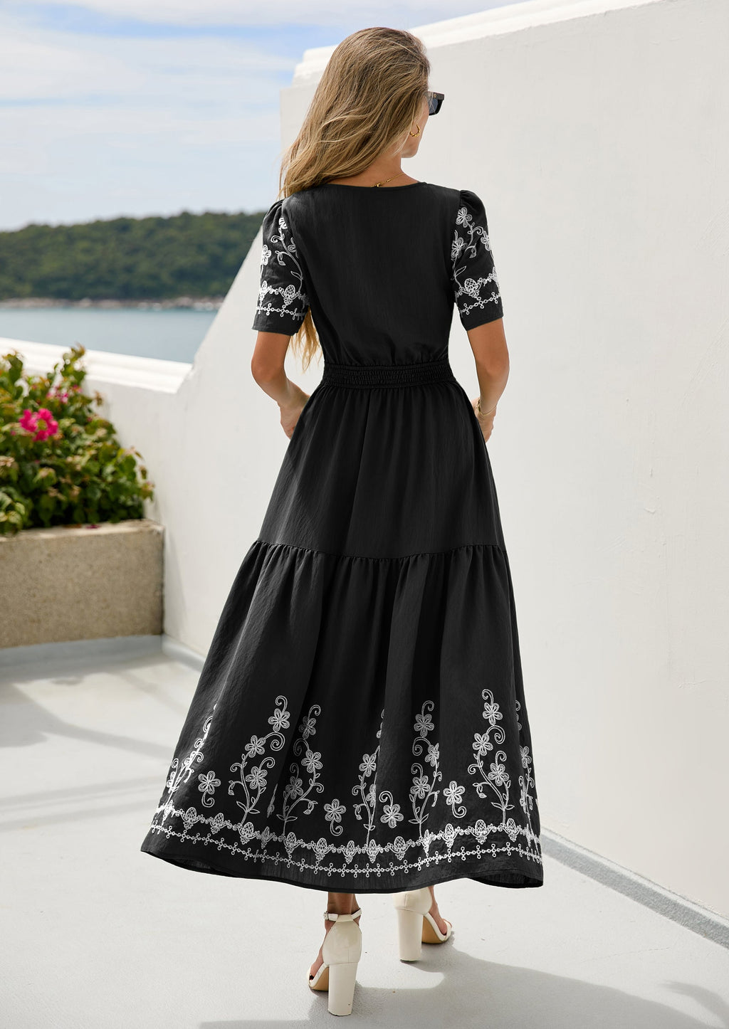 PRETTYGARDEN Women's Summer Boho Maxi Dress Spring Floral Short Sleeve V Neck A Line Flowy Beach Wedding Guest Dresses