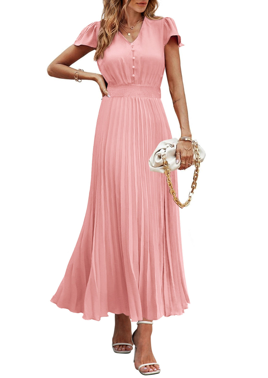 PRETTYGARDEN Women's Maxi Dresses Summer Trendy Cap Short Sleeve Button V Neck Casual Flowy Pleated Long Dress