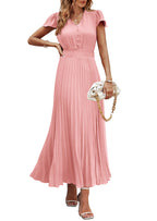 PRETTYGARDEN Women's Maxi Dresses Summer Trendy Cap Short Sleeve Button V Neck Casual Flowy Pleated Long Dress
