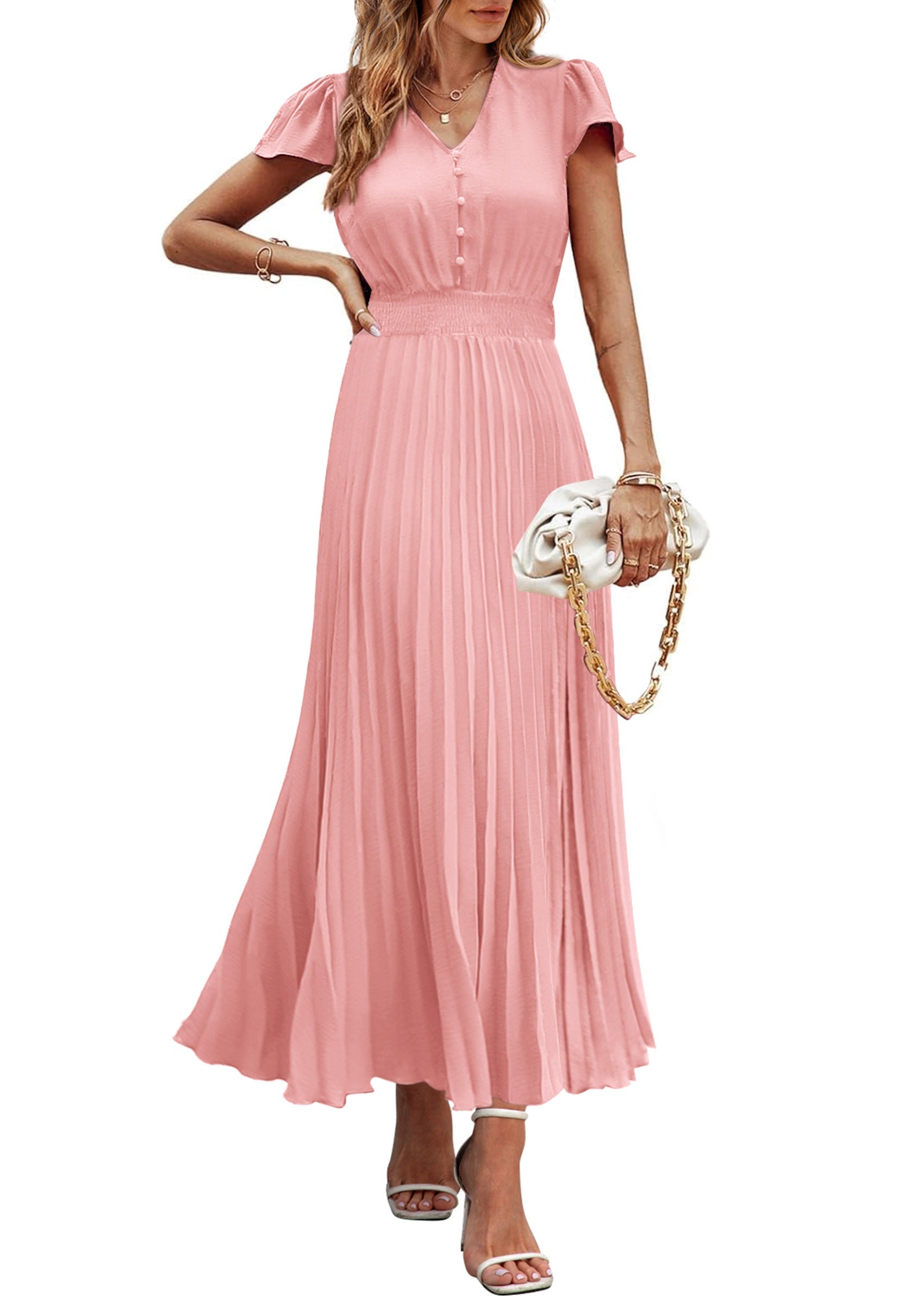 PRETTYGARDEN Women's Maxi Dresses Summer Trendy Cap Short Sleeve Button V Neck Casual Flowy Pleated Long Dress