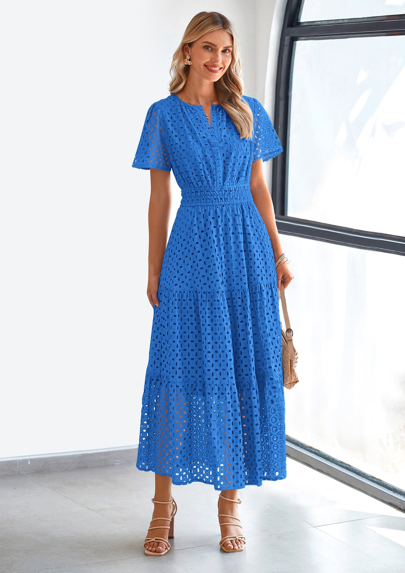 PRETTYGARDEN Womens Maxi Dress Short Sleeve V Neck Hollow Out Eyelet A Line Long Flowy Beach Vacation Dresses