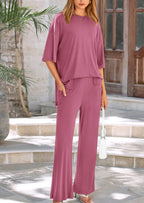 PRETTYGARDEN Women's 2 Piece Outfits Casual Short Sleeve Pullover Tops and Wide Leg Pants Lounge Sets Tracksuits