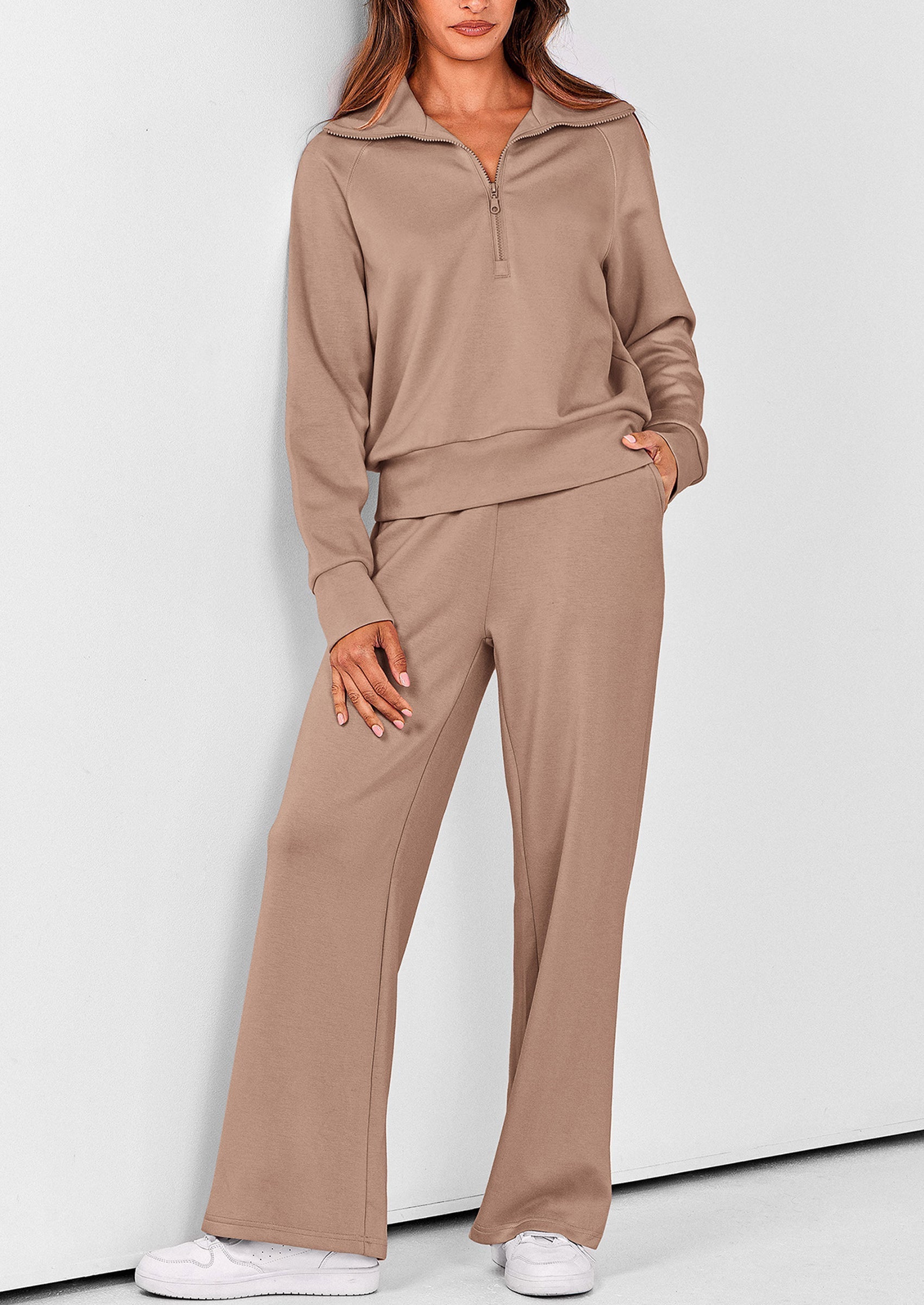 PRETTYGARDEN Women's 2 Piece Outfits Casual Lapel Half Zip Sweatshirts And Wide Leg Pants Tracksuit Sets