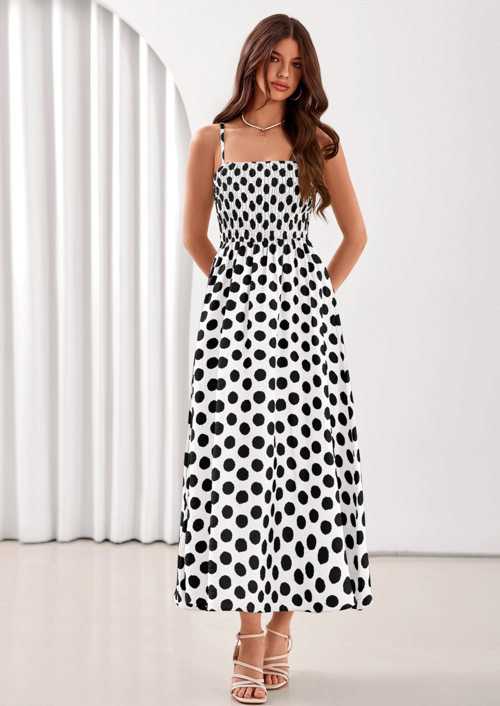 PRETTYGARDEN Womens Summer Dresses Spring Sleeveless Spaghetti Straps Casual Midi Dress Polka Dot Smocked Beach Sundress