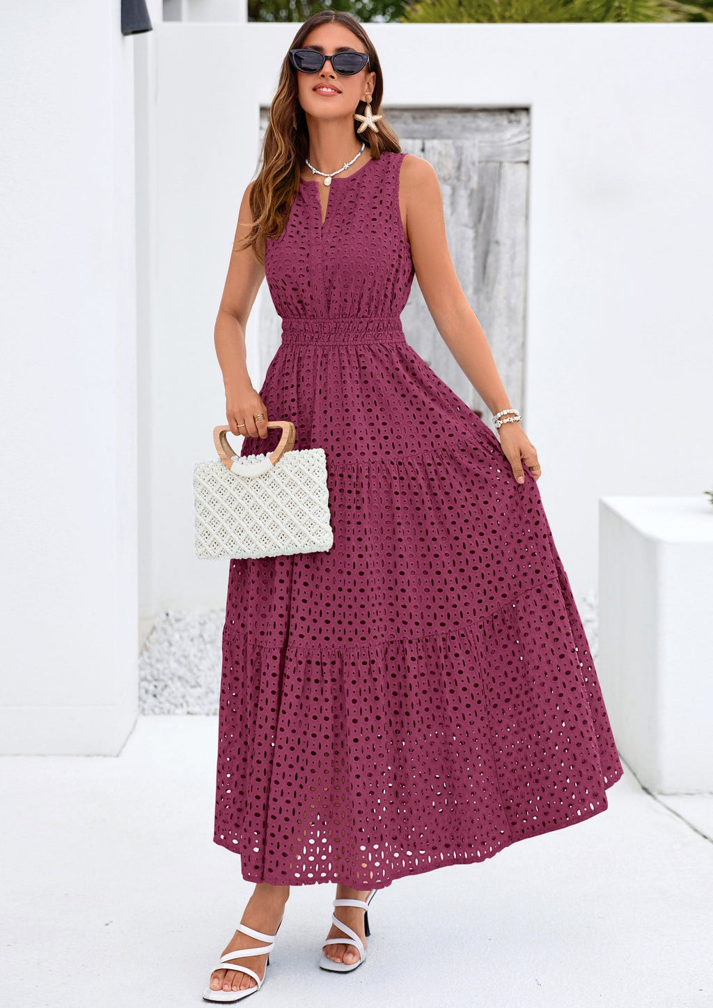 PRETTYGARDEN Summer Dresses for Women Sundresses Sleeveless V Neck Eyelet A Line Flowy Beach Vacation Spring Maxi Dress