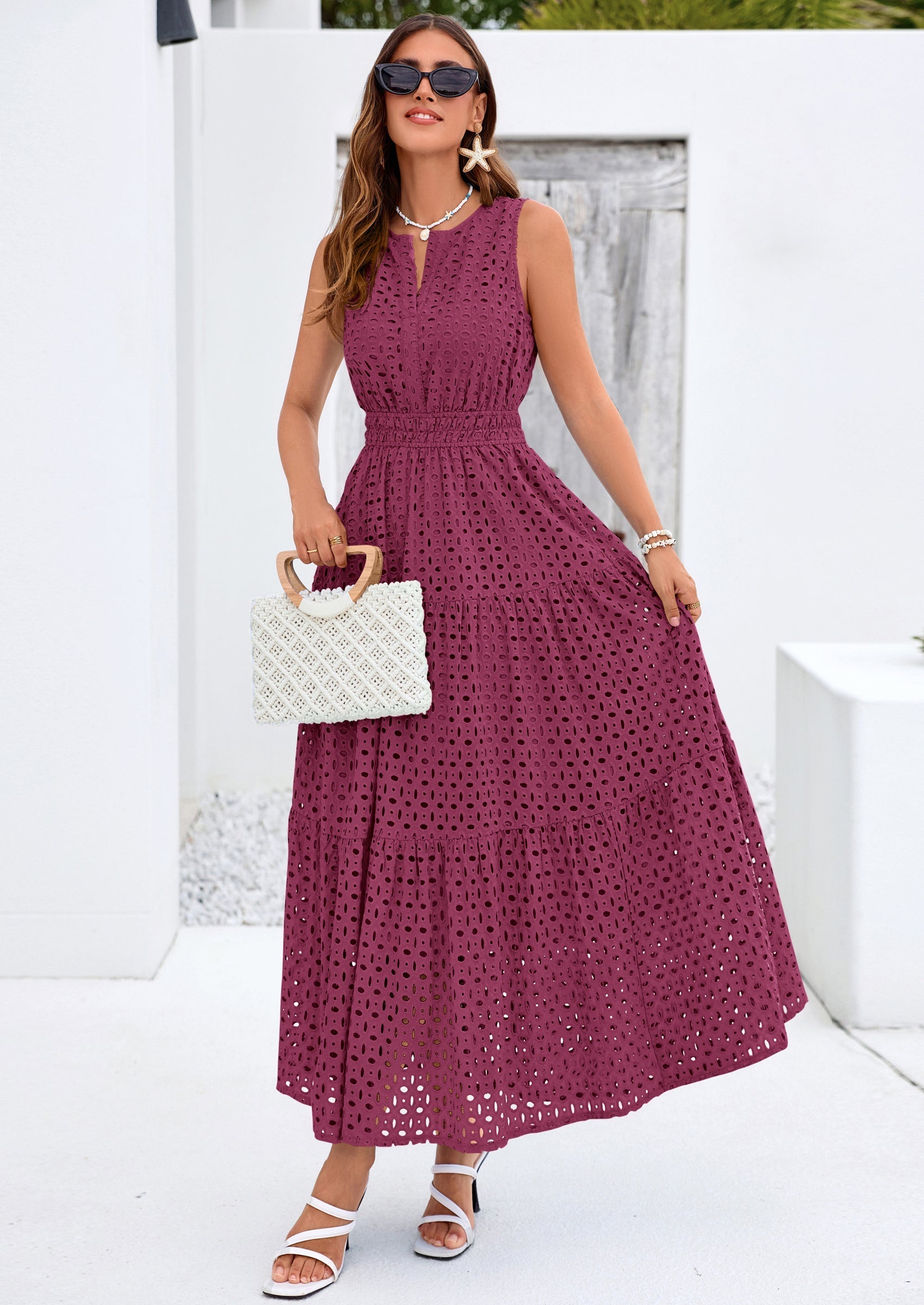 PRETTYGARDEN Summer Dresses for Women Sundresses Sleeveless V Neck Eyelet A Line Flowy Beach Vacation Spring Maxi Dress