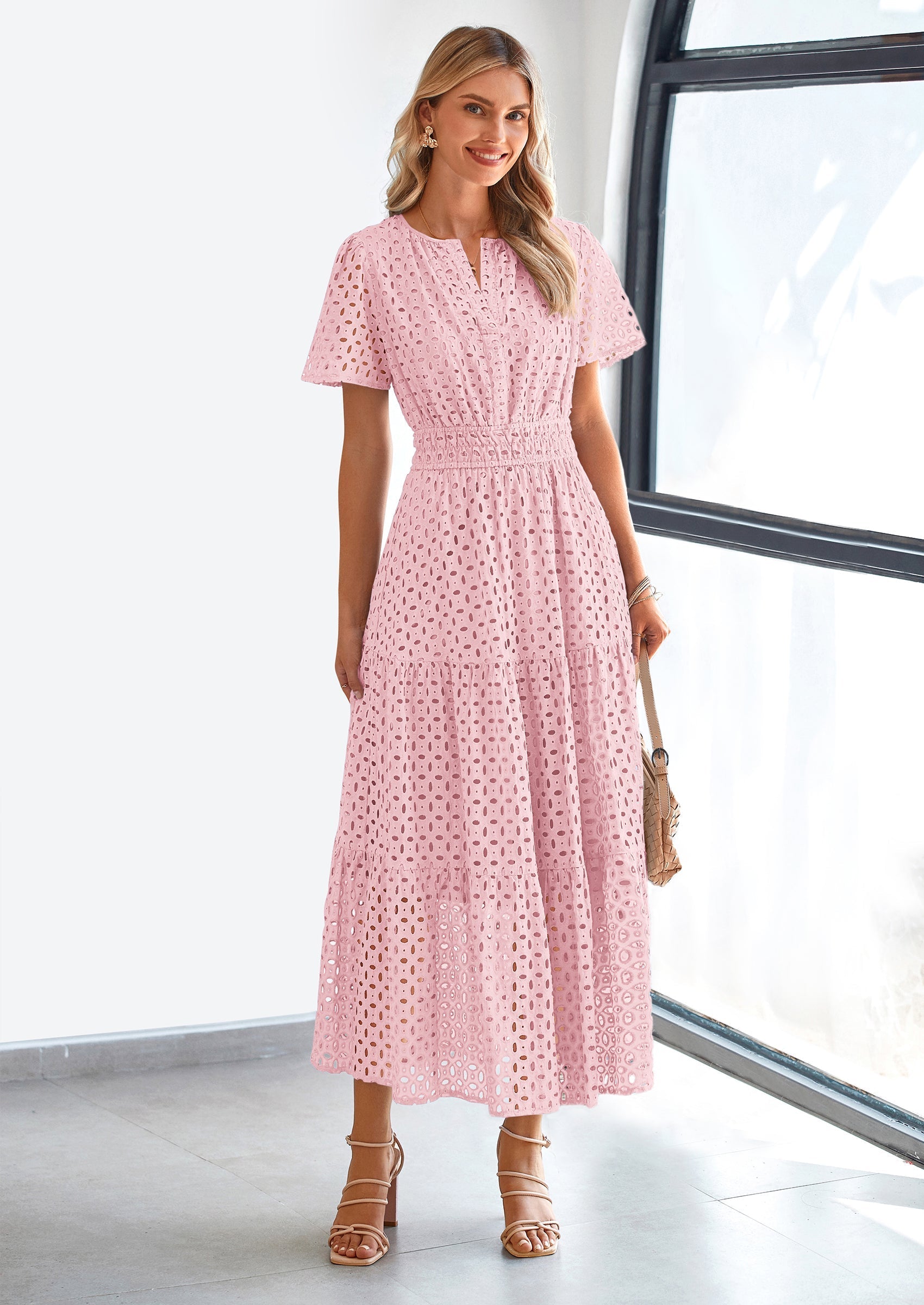 PRETTYGARDEN Womens Maxi Dress Short Sleeve V Neck Hollow Out Eyelet A Line Long Flowy Beach Vacation Dresses