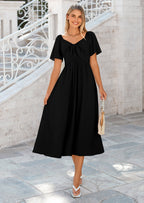 PRETTYGARDEN Summer Dress for Women Casual Short Sleeve Bow Tie V Neck Ruffle Midi Flowy Dresses